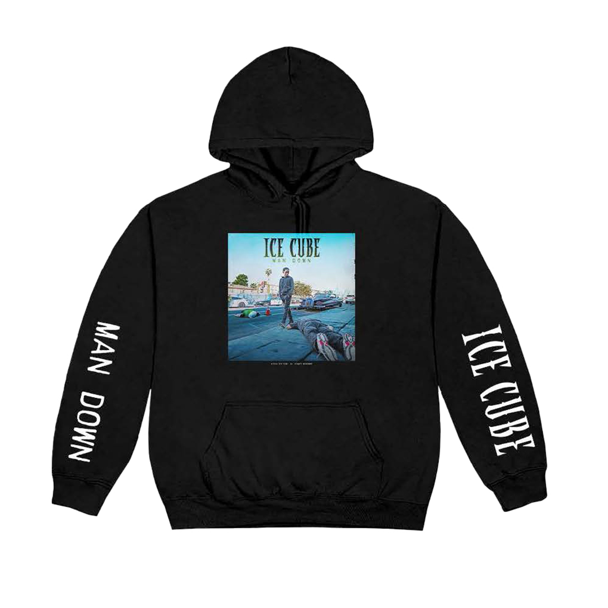 A black hooded sweatshirt with a kangaroo pocket, featuring Ice Cube's Man Down album artwork on front and back.