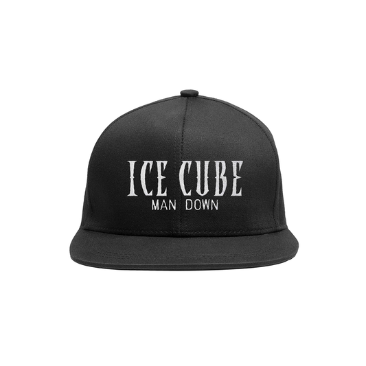 This hat pictured features the Ice Cube and Man Down logos in white embroidery on the front of an adjustable black snapback.