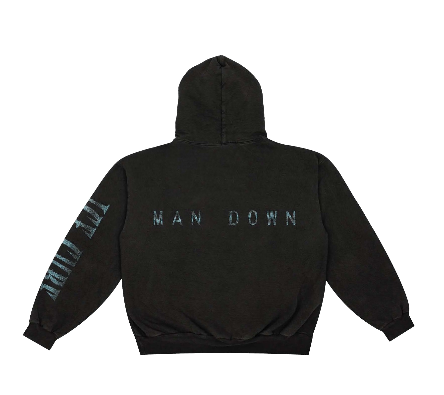 Black hoodie featuring Man Down album image of a child standing near a fallen figure and car. 