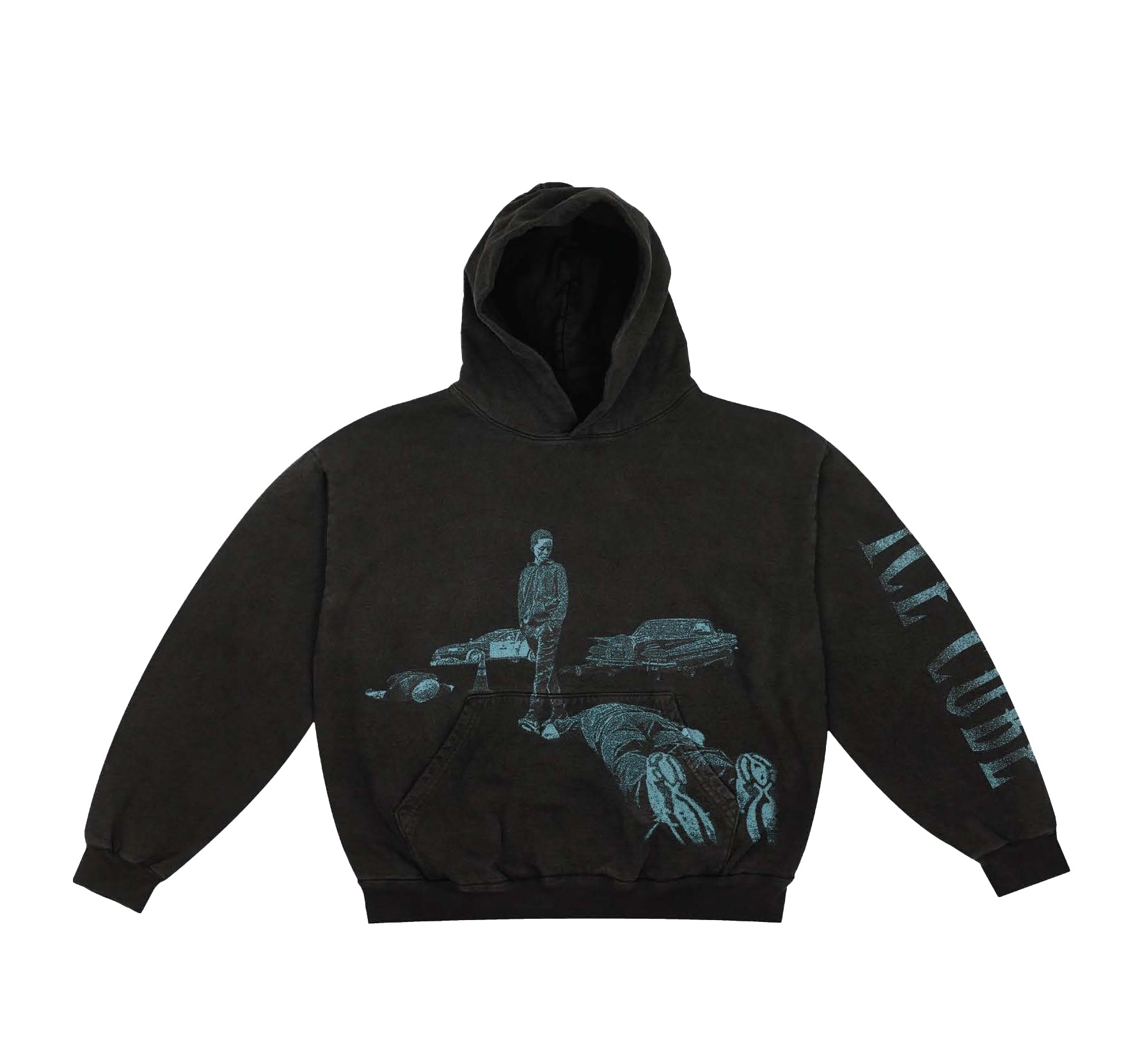 Black hoodie featuring Man Down album image of a child standing near a fallen figure and car. 